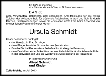 Traueranzeige von Ursula Schmidt von Südthüringer Presse