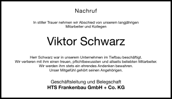 Traueranzeige von Viktor Schwarz von Neue Presse Coburg