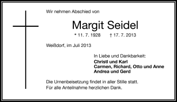 Traueranzeige von Margit Seidel von Frankenpost
