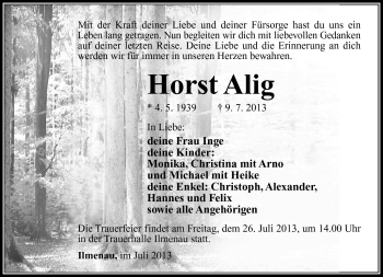 Traueranzeige von Horst Alig von Südthüringer Presse