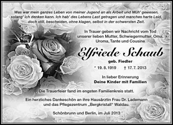 Traueranzeige von Elfriede Schaub von Südthüringer Presse