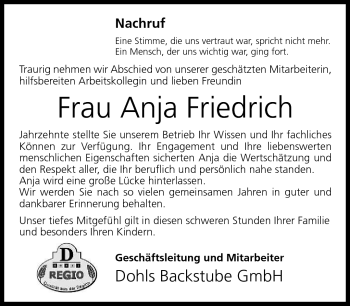 Traueranzeige von Anja Friedrich von Südthüringer Presse