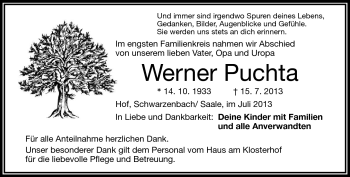 Traueranzeige von Werner Puchta von Frankenpost