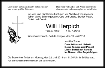 Traueranzeige von Willi Herpich von Frankenpost