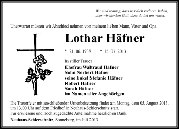 Traueranzeige von Lothar Häfner von Südthüringer Presse