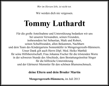 Traueranzeige von Tommy Luthardt von Südthüringer Presse