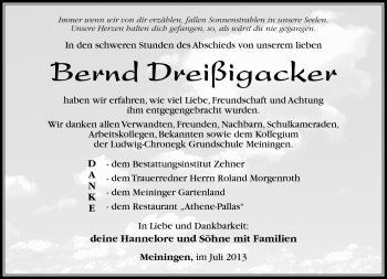 Traueranzeige von Bernd Dreißigacker von Südthüringer Presse