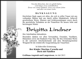 Traueranzeige von Brigitta Lindner von Südthüringer Presse