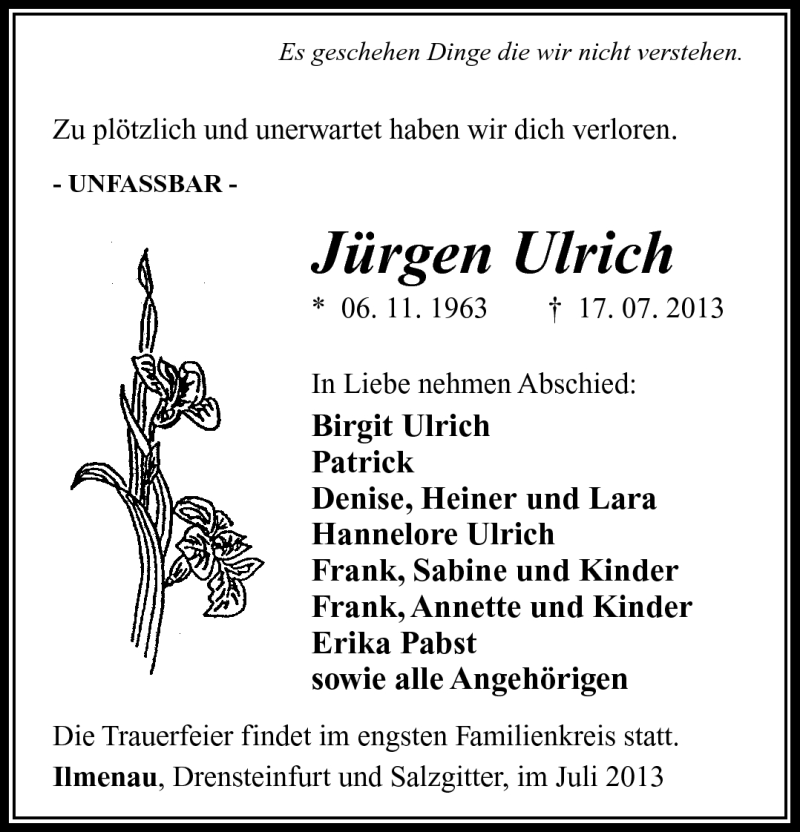  Traueranzeige für Jürgen Ulrich vom 27.07.2013 aus Südthüringer Presse