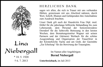 Traueranzeige von Lina Niebergall von Südthüringer Presse