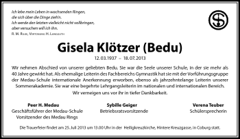 Traueranzeige von Gisela Klötzer von Neue Presse Coburg