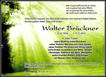 Traueranzeige von Walter Brückner von Südthüringer Presse