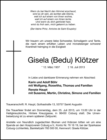 Traueranzeige von Gisela Klötzer von Neue Presse Coburg