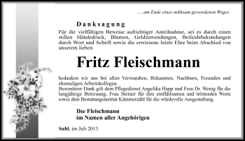 Traueranzeige von Fritz Fleischmann von Südthüringer Presse