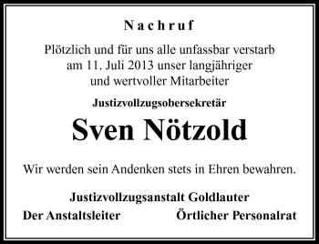 Traueranzeige von Sven Nötzold von Südthüringer Presse
