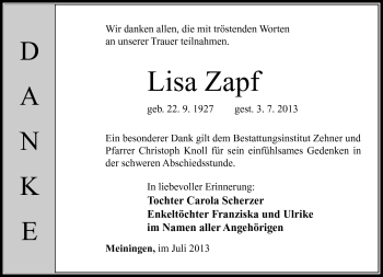 Traueranzeige von Lisa Zapf von Südthüringer Presse