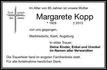 Traueranzeige von Margarete Kopp von Frankenpost