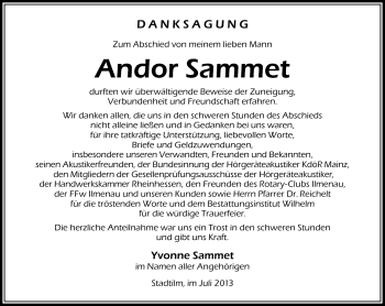 Traueranzeige von Andor Sammet von Südthüringer Presse