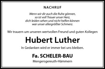 Traueranzeige von Hubert Luther von Südthüringer Presse