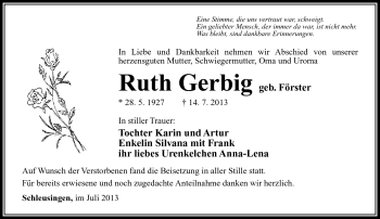 Traueranzeige von Ruth Gerbig von Südthüringer Presse