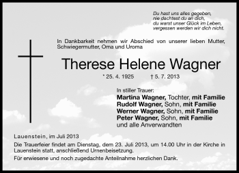 Traueranzeige von Therese Helene Wagner von Neue Presse Coburg