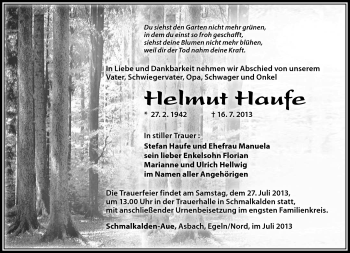 Traueranzeige von Helmut Haufe von Südthüringer Presse