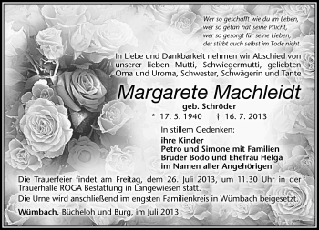 Traueranzeige von Margarete Machleidt von Südthüringer Presse