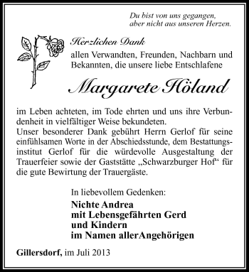 Traueranzeige von Margarete Höland von Südthüringer Presse