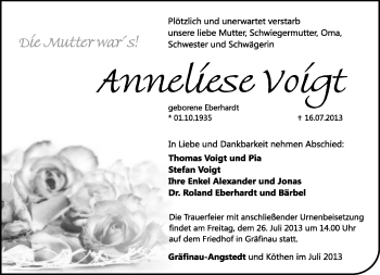 Traueranzeige von Anneliese Voigt von Südthüringer Presse