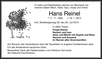 Traueranzeige von Hans Reinel von Frankenpost
