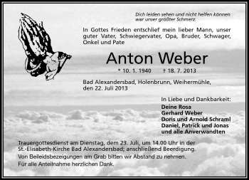 Traueranzeige von Anton Weber von Frankenpost