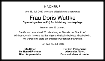 Traueranzeige von Doris Wuttke von Frankenpost