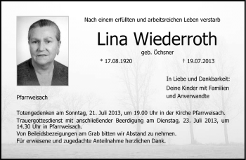 Traueranzeige von Lina Wiederroth von Neue Presse Coburg