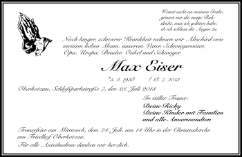 Traueranzeige von Max Eiser von Frankenpost