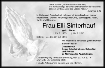 Traueranzeige von Elli Sinterhauf von Frankenpost