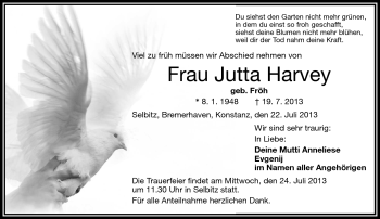 Traueranzeige von Jutta Harvey von Frankenpost