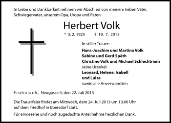 Traueranzeige von Herbert Volk von Neue Presse Coburg