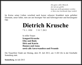 Traueranzeige von Dietrich Krusche von Südthüringer Presse