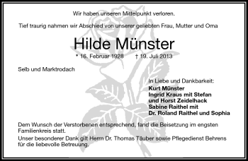 Traueranzeige von Hilde Münster von Frankenpost