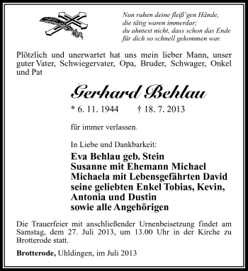 Traueranzeige von Gerhard Behlau von Südthüringer Presse
