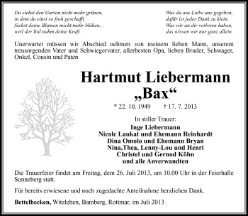 Traueranzeige von Hartmut Liebermann von Südthüringer Presse