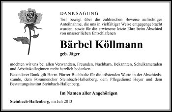 Traueranzeige von Bärbel Köllmann von Südthüringer Presse