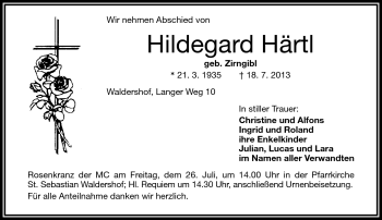 Traueranzeige von Hildegard Härtl von Frankenpost