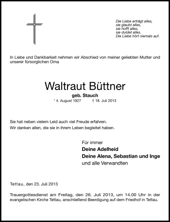 Traueranzeige von Waltraud Büttner von Neue Presse Coburg