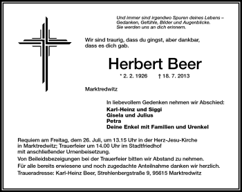 Traueranzeige von Herbert Beer von Frankenpost