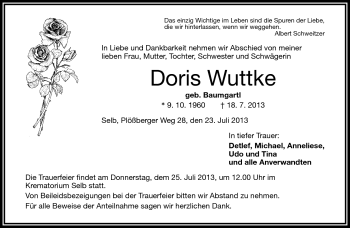 Traueranzeige von Doris Wuttke von Frankenpost