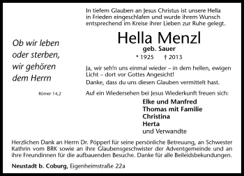 Traueranzeige von Hella Menzel von Neue Presse Coburg
