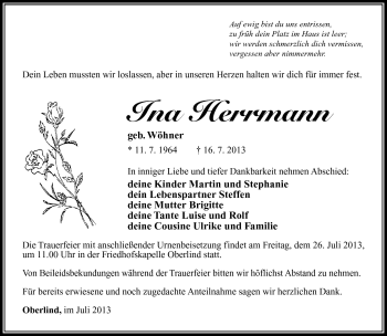 Traueranzeige von Ina Herrmann von Südthüringer Presse