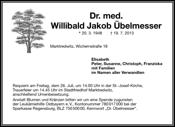 Traueranzeige von Willibald Jakob Übelmesser von Frankenpost