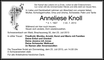 Traueranzeige von Anneliese Knoll von Frankenpost